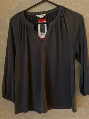 Lucky Brand Slate Gray Long-Sleeve Pleated V-Neck Top
